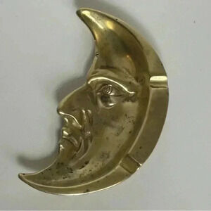 Beautiful antique brass crescent moon / man in the moon celestial ashtray